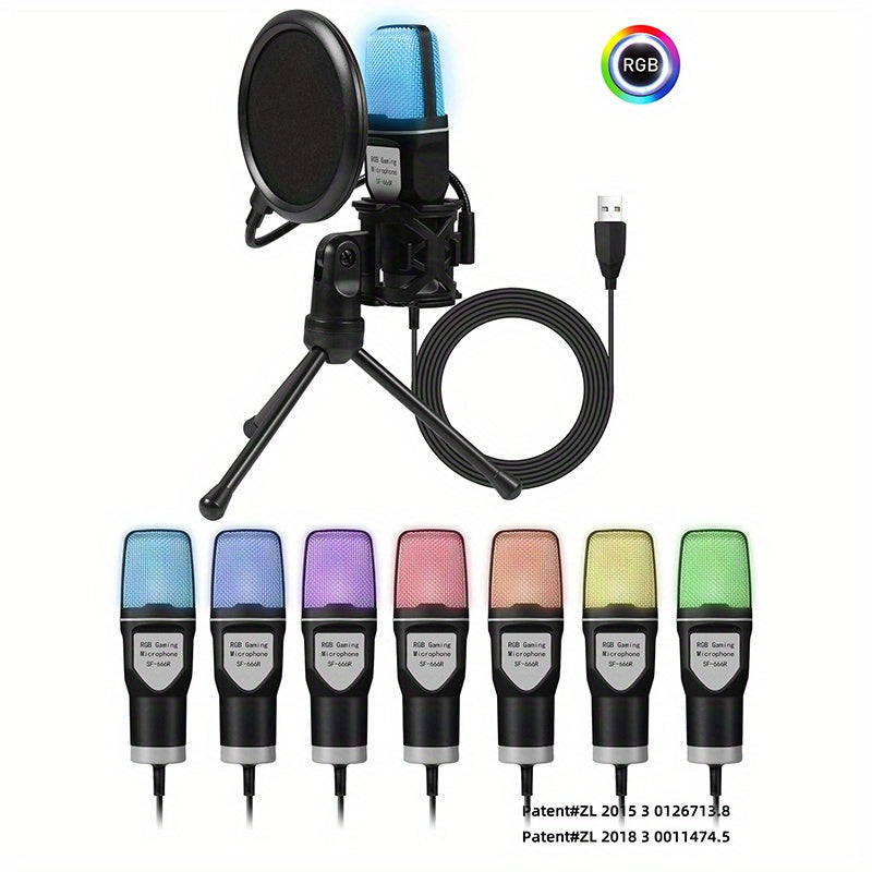 USB o'yin mikrofonu podkast videolari va striming uchun, tez o'chirish, tripod, pop filtri, RGB ko'rsatkich, zarba tutqichi va aylanuvchi ovoz balansi tugmasi bilan. PS4/5/PC bilan mos keladi.
