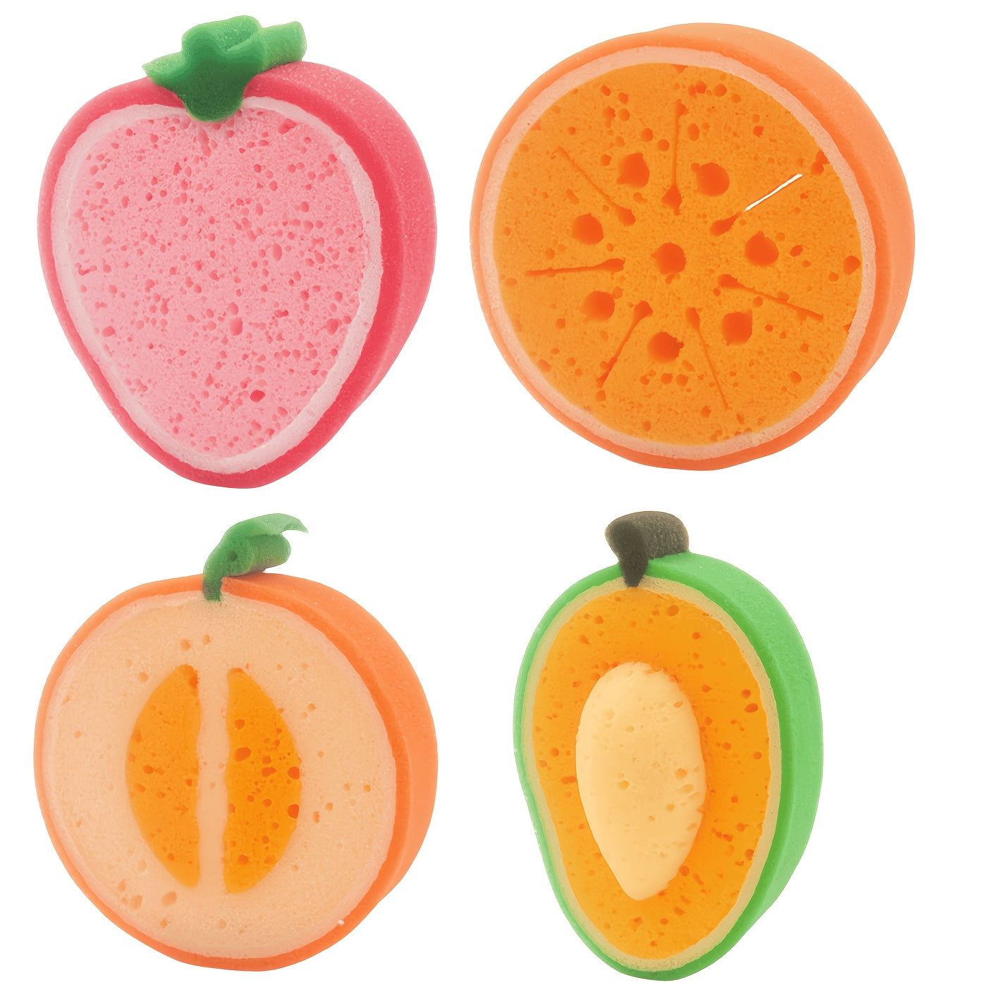 Meva shaklidagi idish cho'tkalari, 4 yoki 8 ta to'plam, ikki tomonlama bosma poliuretan tozalash cho'tkalari, siqilgan tolali material, apelsin va qulupnay dizayni bilan. Uy tozalash uchun mukammal, yashash xonasi, hammom, hojatxona va oshxonada.