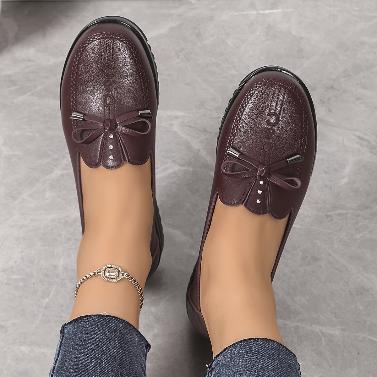 Women's Slip-On Flats Burgundy PU Casual Shoes Cushioned Insole