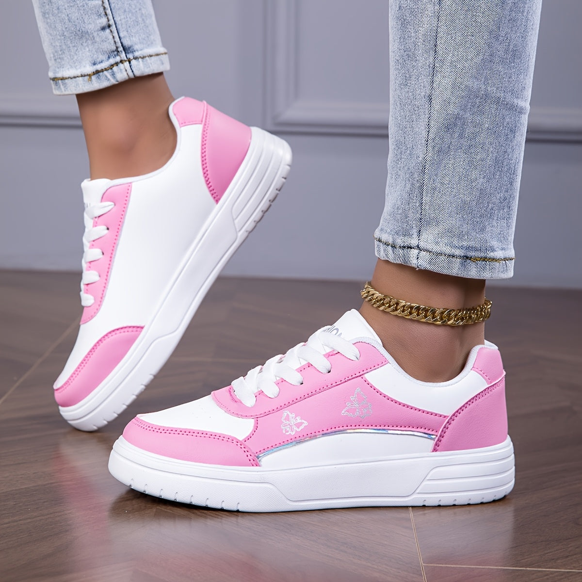 Women's Casual White Low-Top Sneakers with Gold Accents