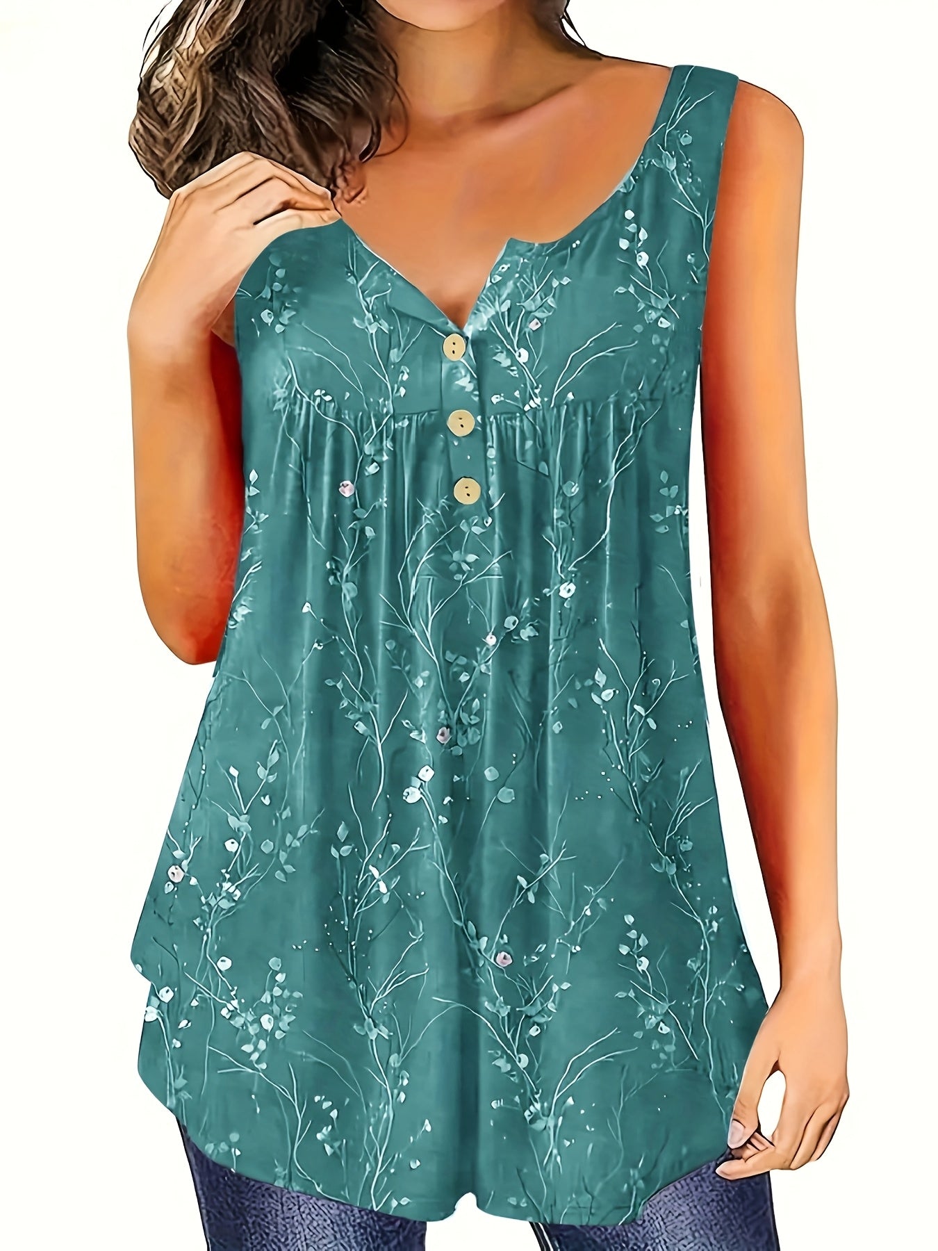 Plus Size Tank Top with Pleats and Button Front for Women