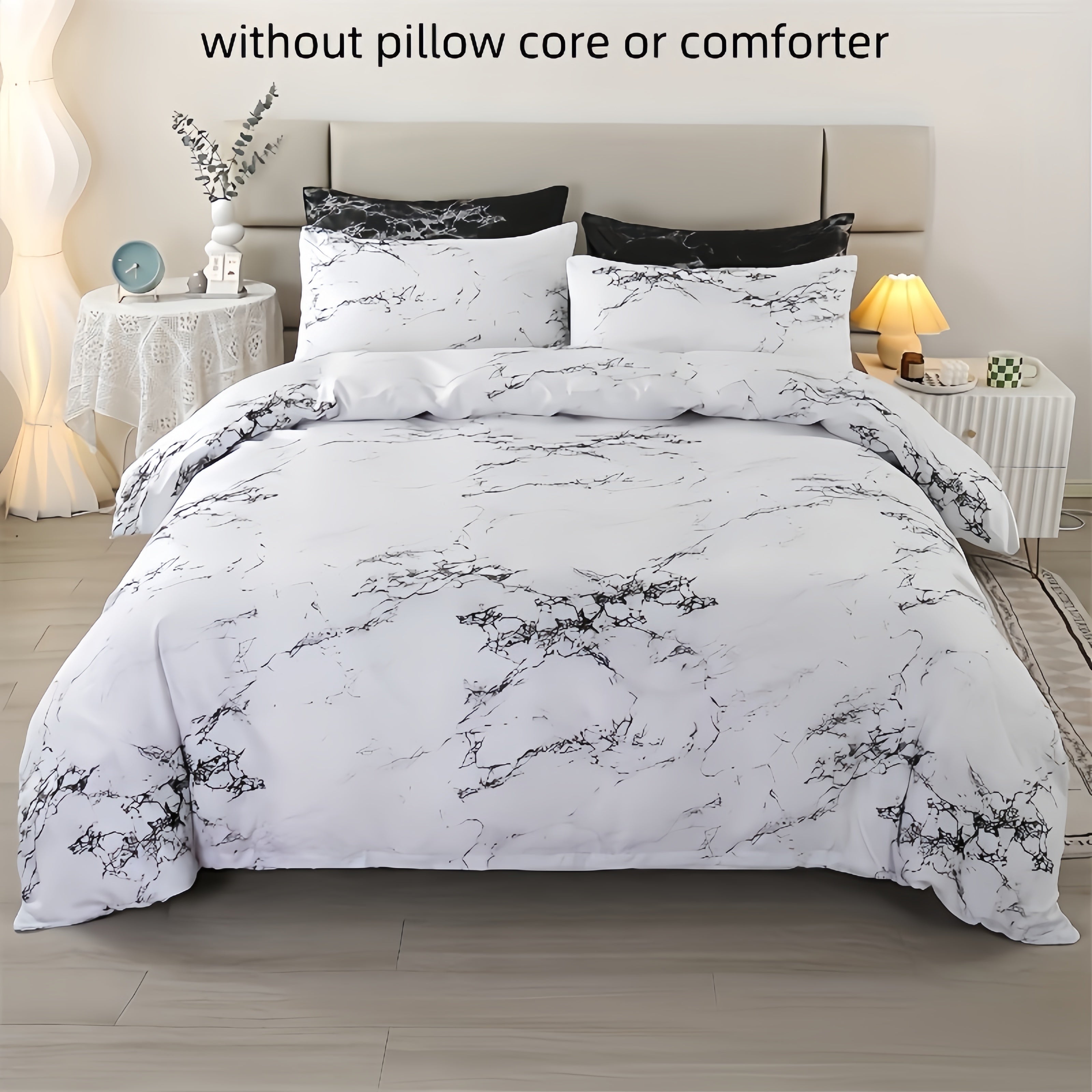 Three-Piece Polyester Quilt Cover Set with Marble Pattern for Bedroom