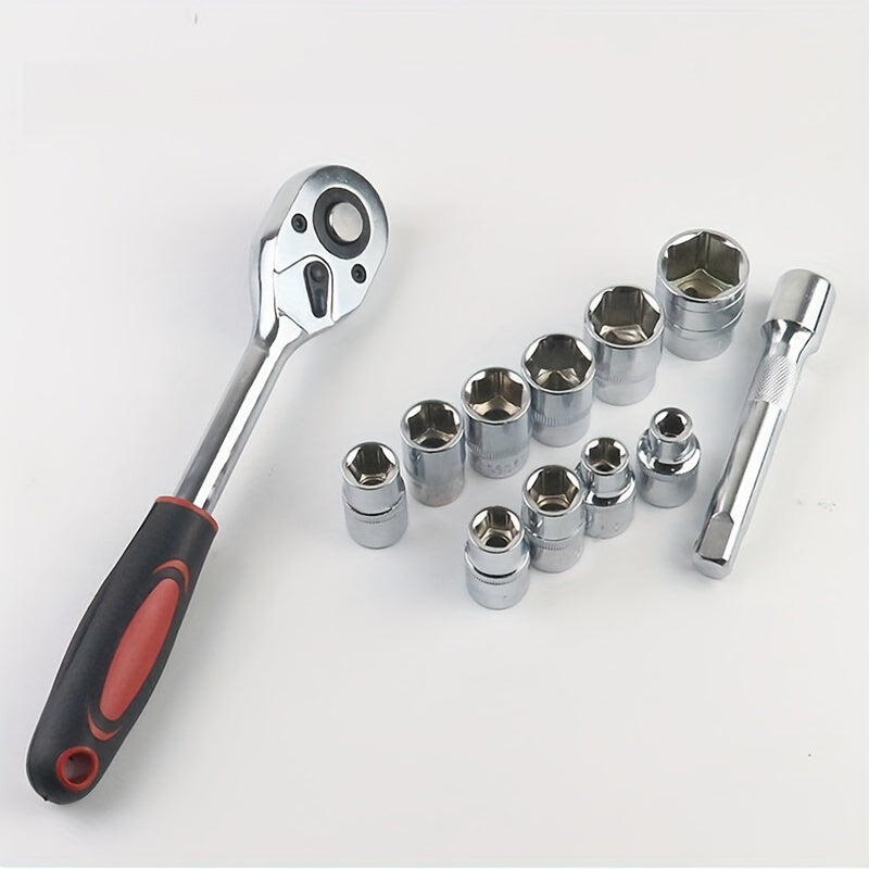 12-Donali 1/4-Inch ratchet kaliti to'plami, 10-Donali Cr-V metrik uzatmalarli qopqog'lar, 4-13mm bardoshli po'latdan tayyor socket to'plami, DIY va professional foydalanish uchun