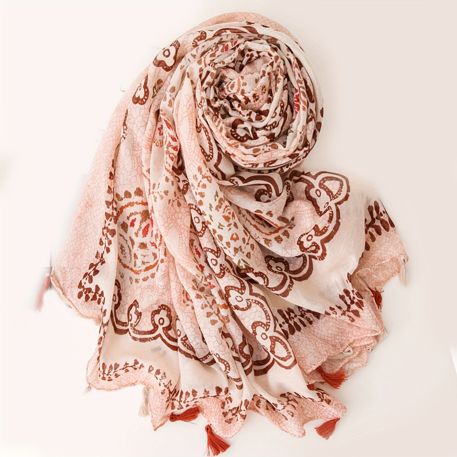 Women’s Boho Linen Tassel Shawl Pink Printed Lightweight Scarf Windproof Sun Protection
