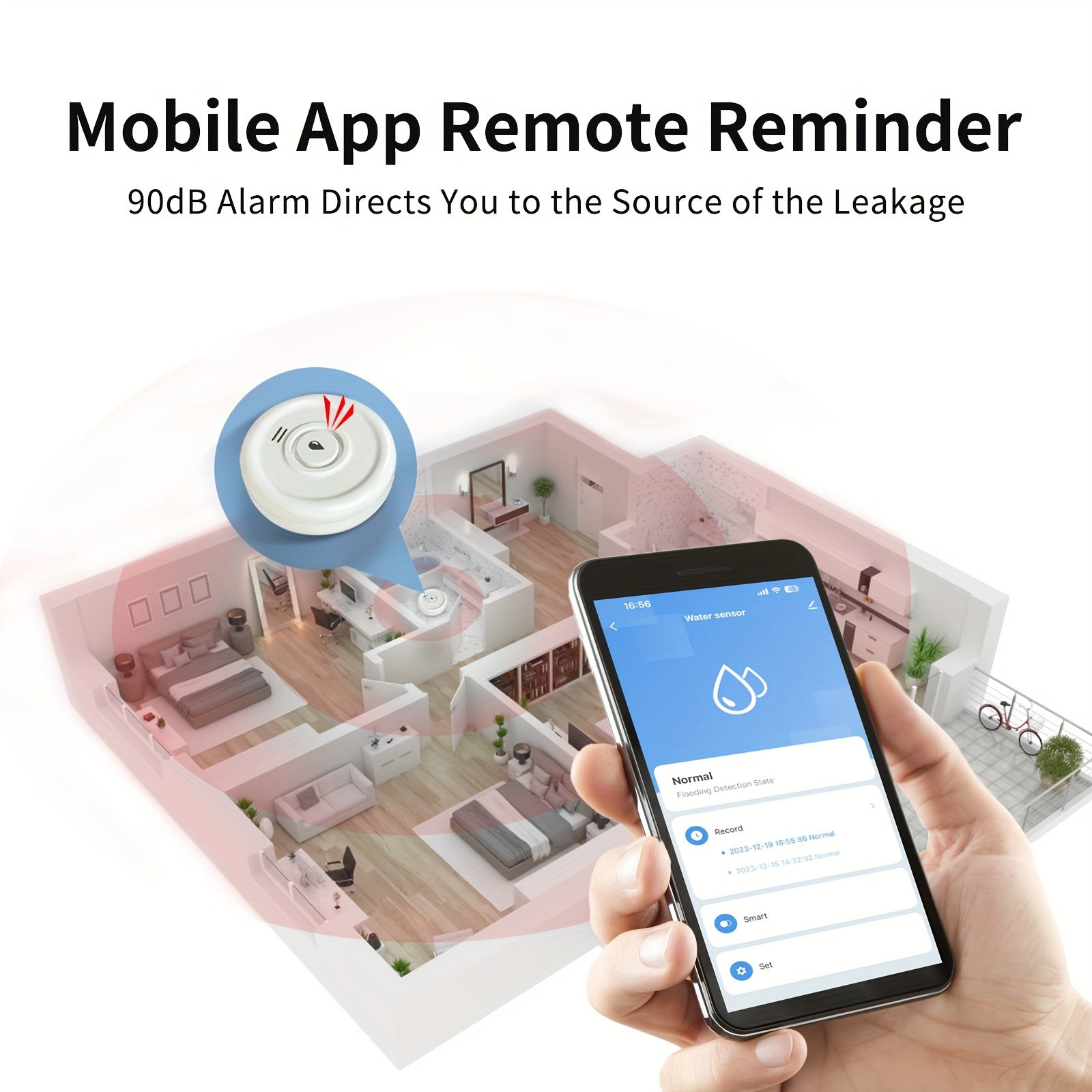 Smart WiFi Water Leak Detector with High Volume Alarm Battery-Powered Mobile Notifications Suitable for Kitchen Bathroom Basement Garage