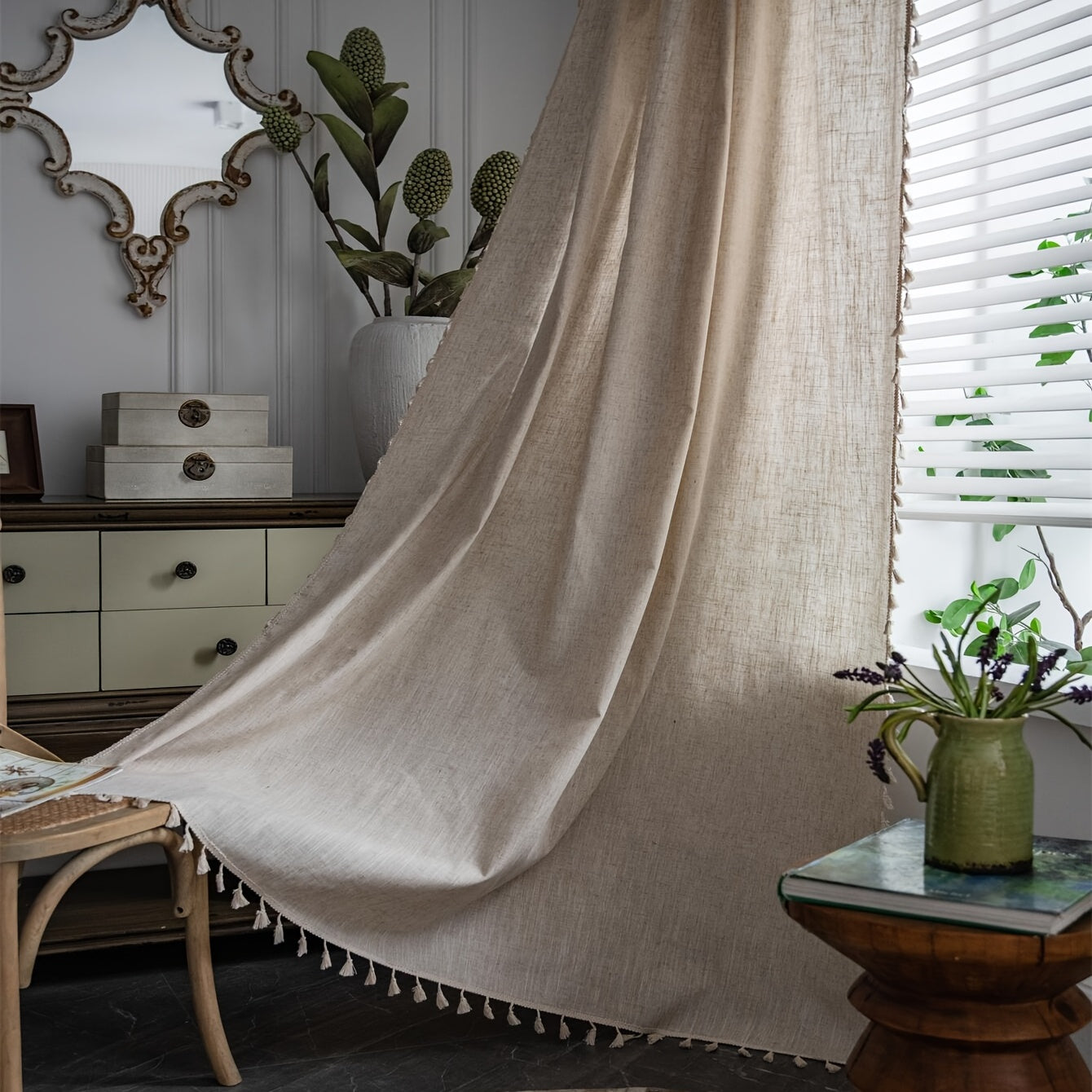 Boho Solid Color Translucent Curtain with Bamboo Flaxen Texture and Tassel for Bedroom or Living Room