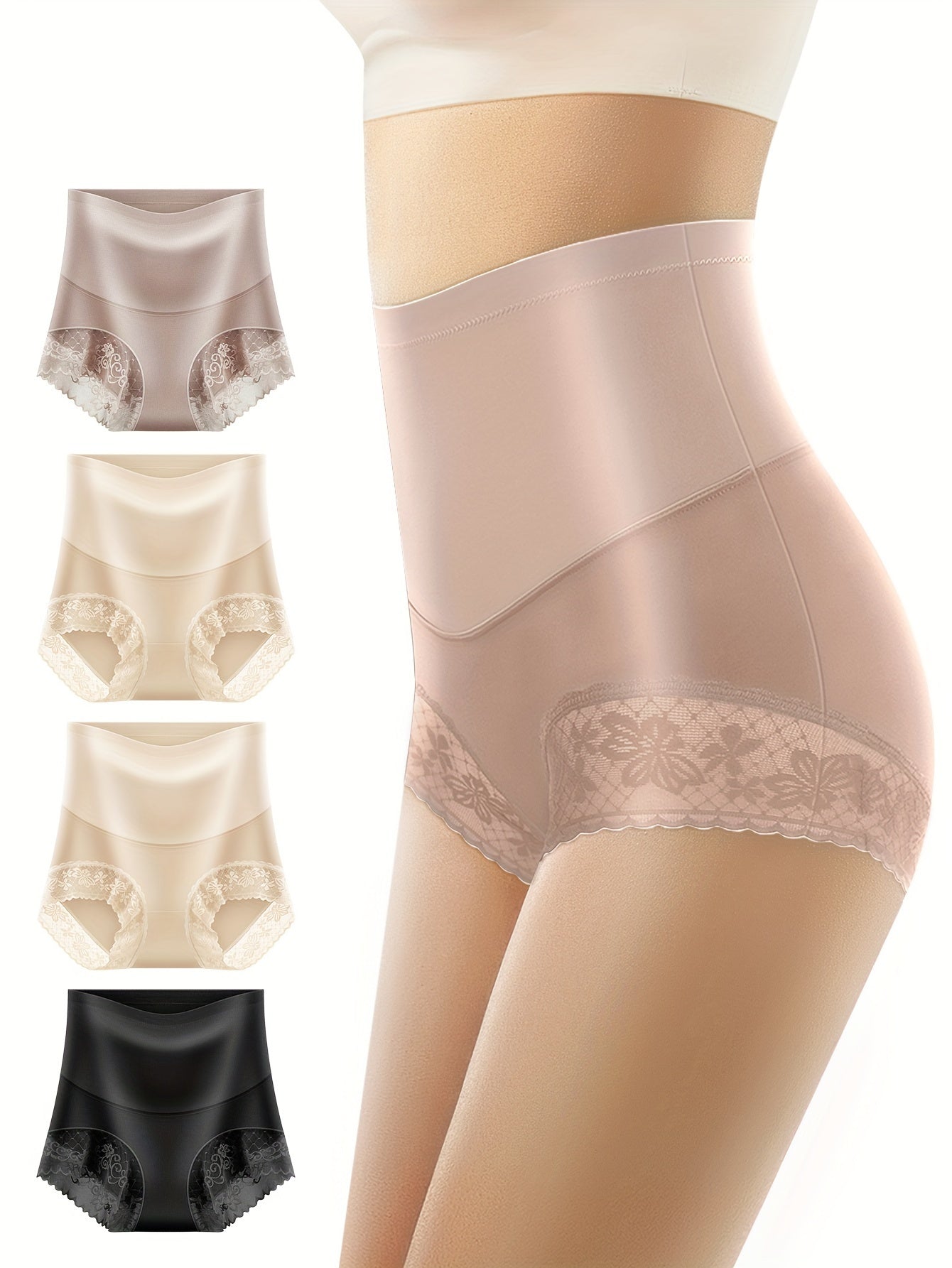 Women's High Waist Lace Trim Briefs 4 Pack Tummy Control Breathable Stretch