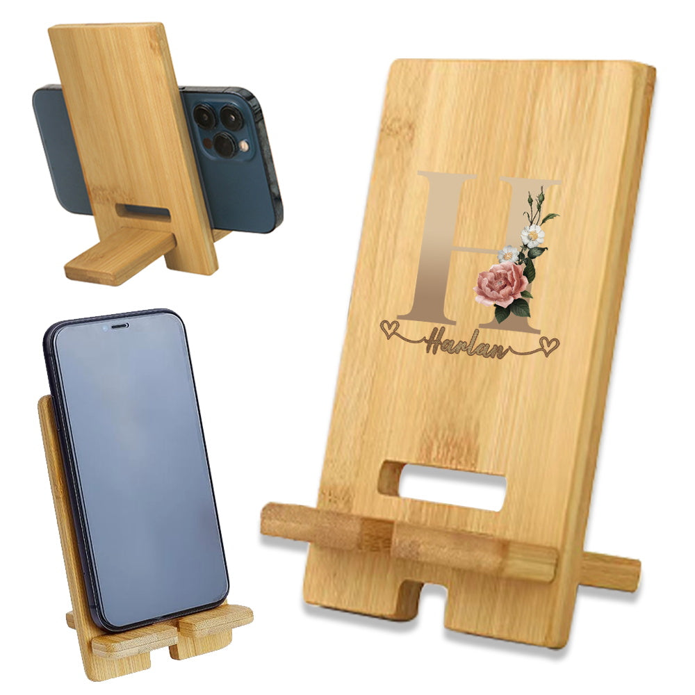Customized Wooden Phone Stand with Detachable Desk Holder and Engraved Name in Light Brown Cork