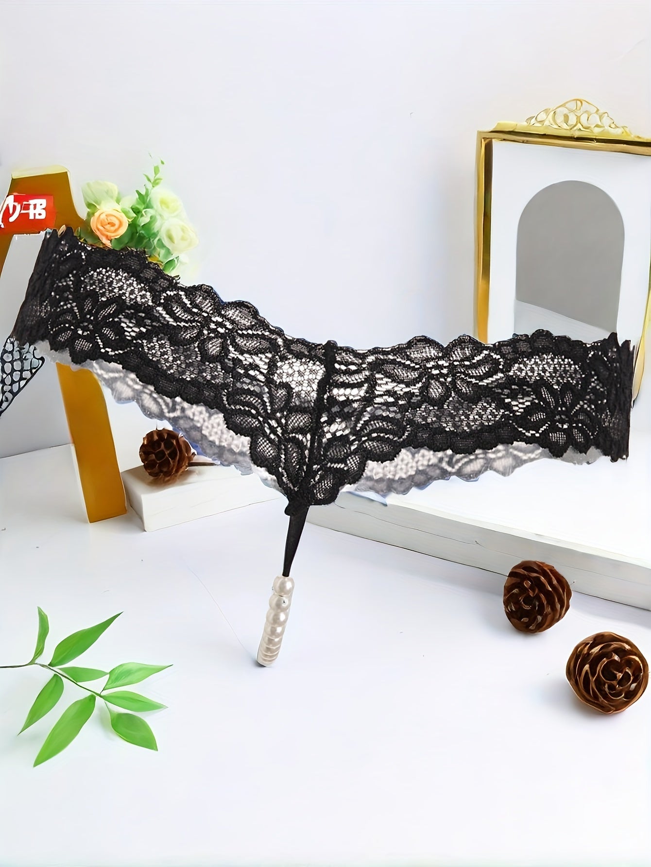 Women's Elastic Lace Beaded Thong Panties Underwear