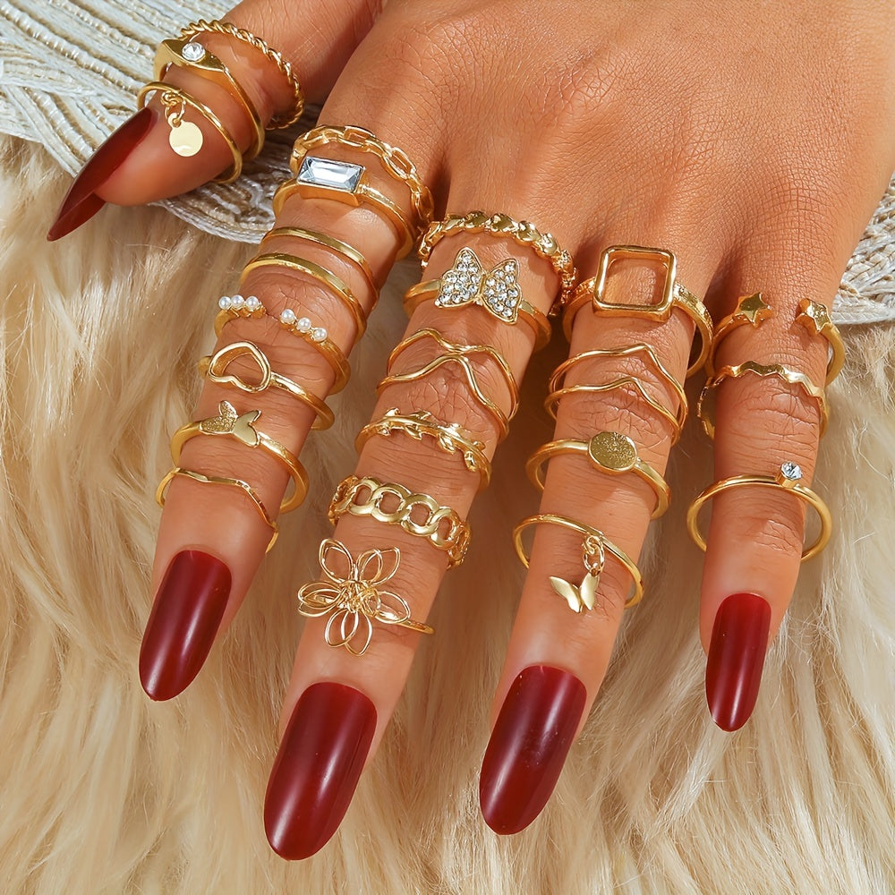 23-Piece Alloy Ring Set with Hollow Flowers and Butterflies Rhinestones for Casual Wear or Gift