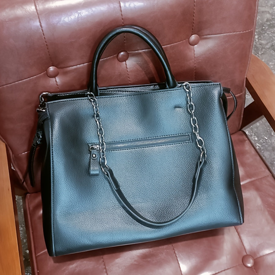 Black Crocodile Pattern Tote Bag for Women with Chain Straps and Detachable Shoulder Strap