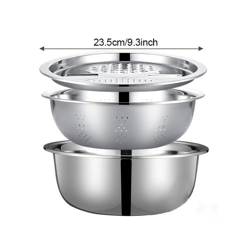 3-Piece Stainless Steel Kitchen Utensil Set with Grinder Strainer and Mixing Bowl for Food Preparation