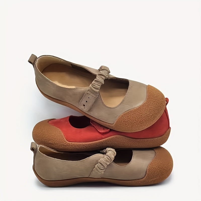 Women's Leather Flat Shoes Soft Sole Beige Slip-On Casual Travel