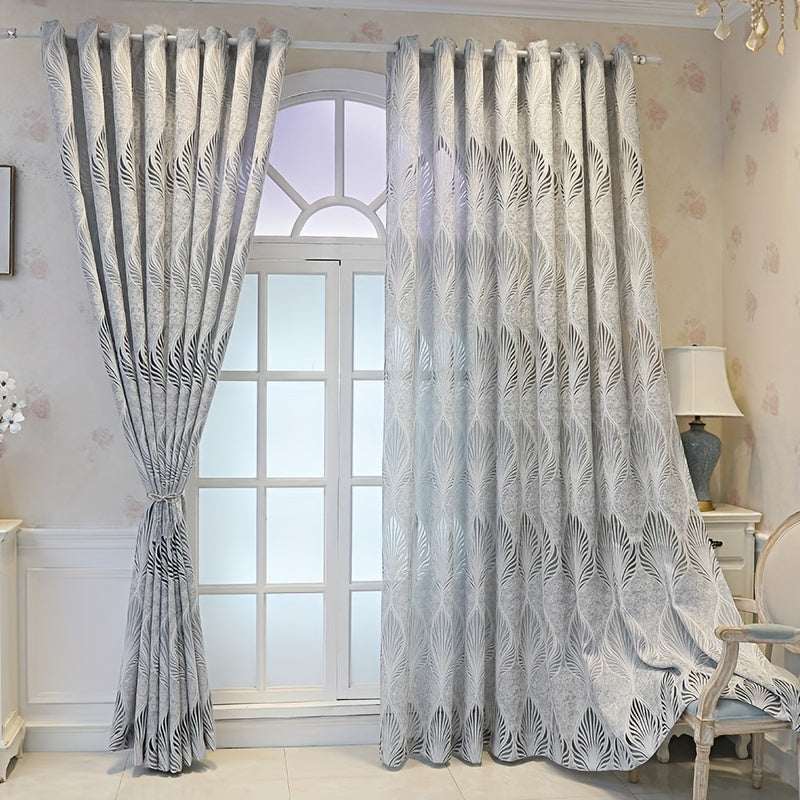 Grey Retro Feather Leaves Jacquard Yarn Curtain for Bedroom Living Room Office
