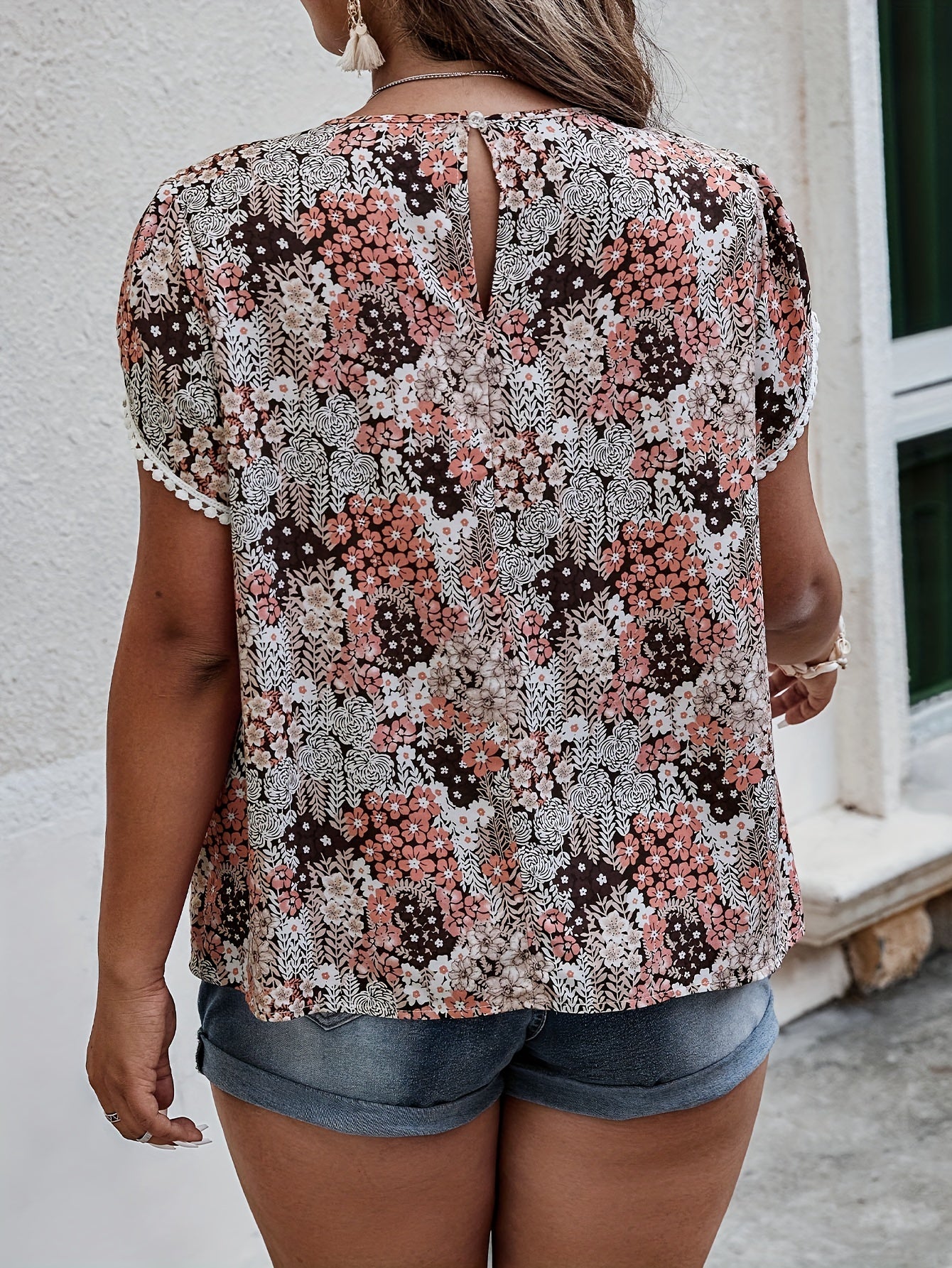 Plus Size Floral Print Blouse Crew Neck Petal Sleeve Summer Women's Clothing
