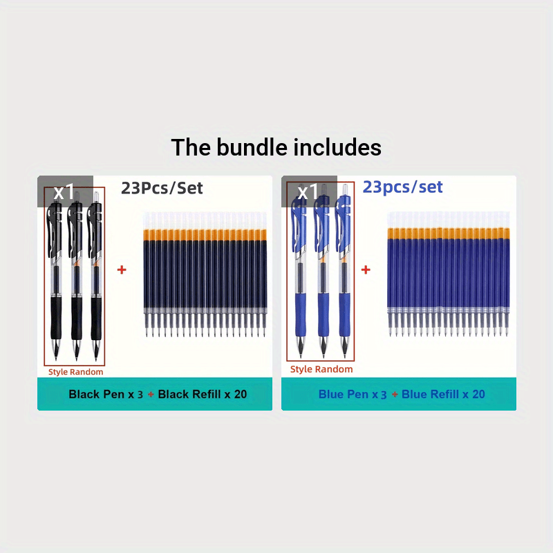 23 ta keng sig'imli, 0.5mm qora/qizil/ko'k qayta to'ldiriladigan siyohli tortiladigan ruchkalar to'plami.