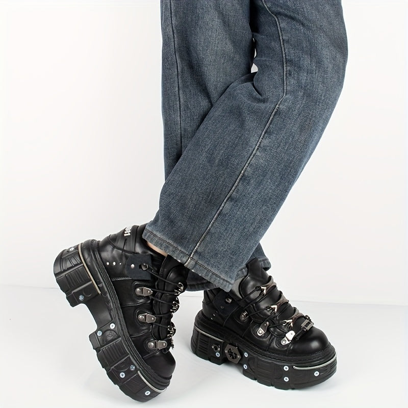 Women's Black Punk Platform Sneakers High Heel Round Toe Outdoor Shoes