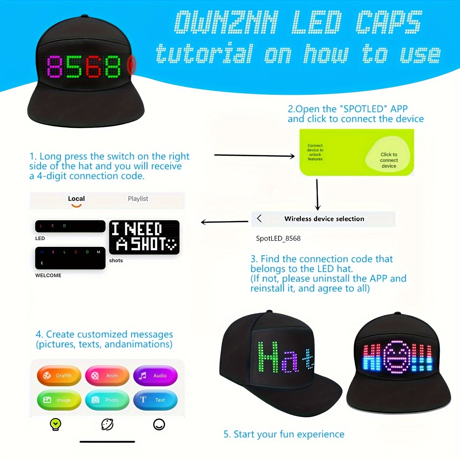 Gorra de béisbol con luz LED y pantalla de matriz a todo color, control por aplicación inalámbrica, mensajes y animaciones personalizables
