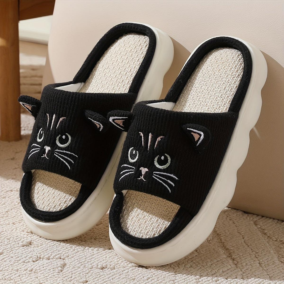 Unisex Cotton Cat Print Slip-On Slippers Indoor Casual Comfortable