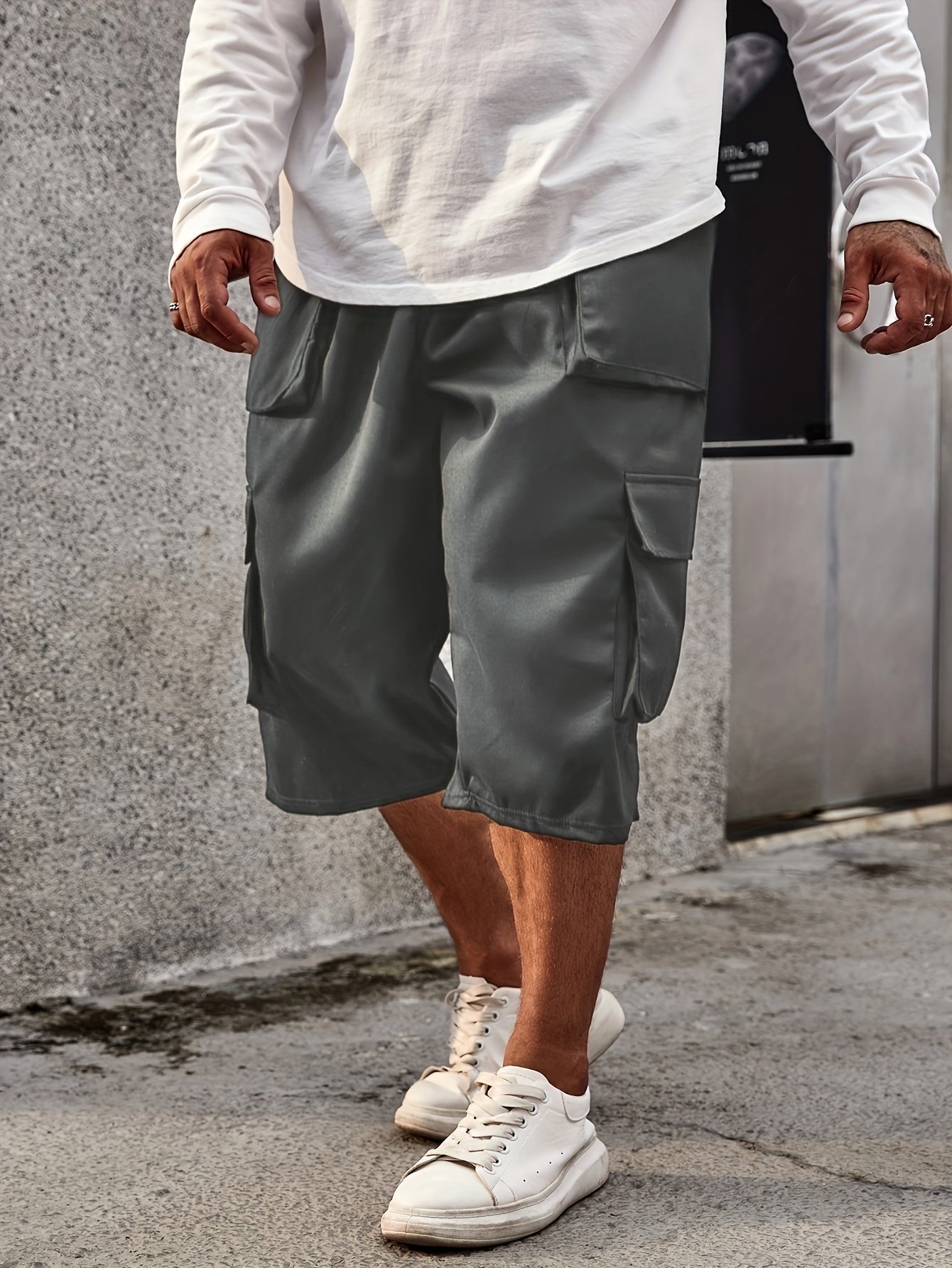 Plus Size Men's Work Shorts and Seven-Eighths Pants Set Polyester Solid Color Large Size