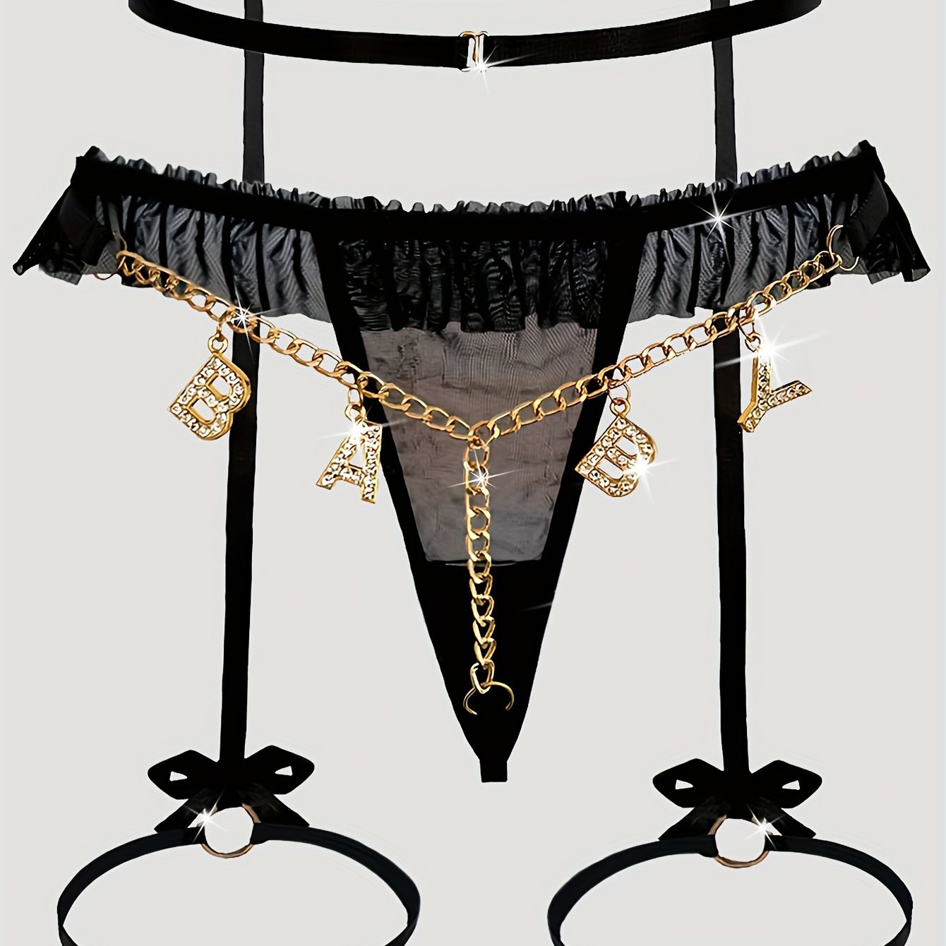 Women's Mesh Garter Set with Gold Chain Bow and Letter T-Back Lingerie