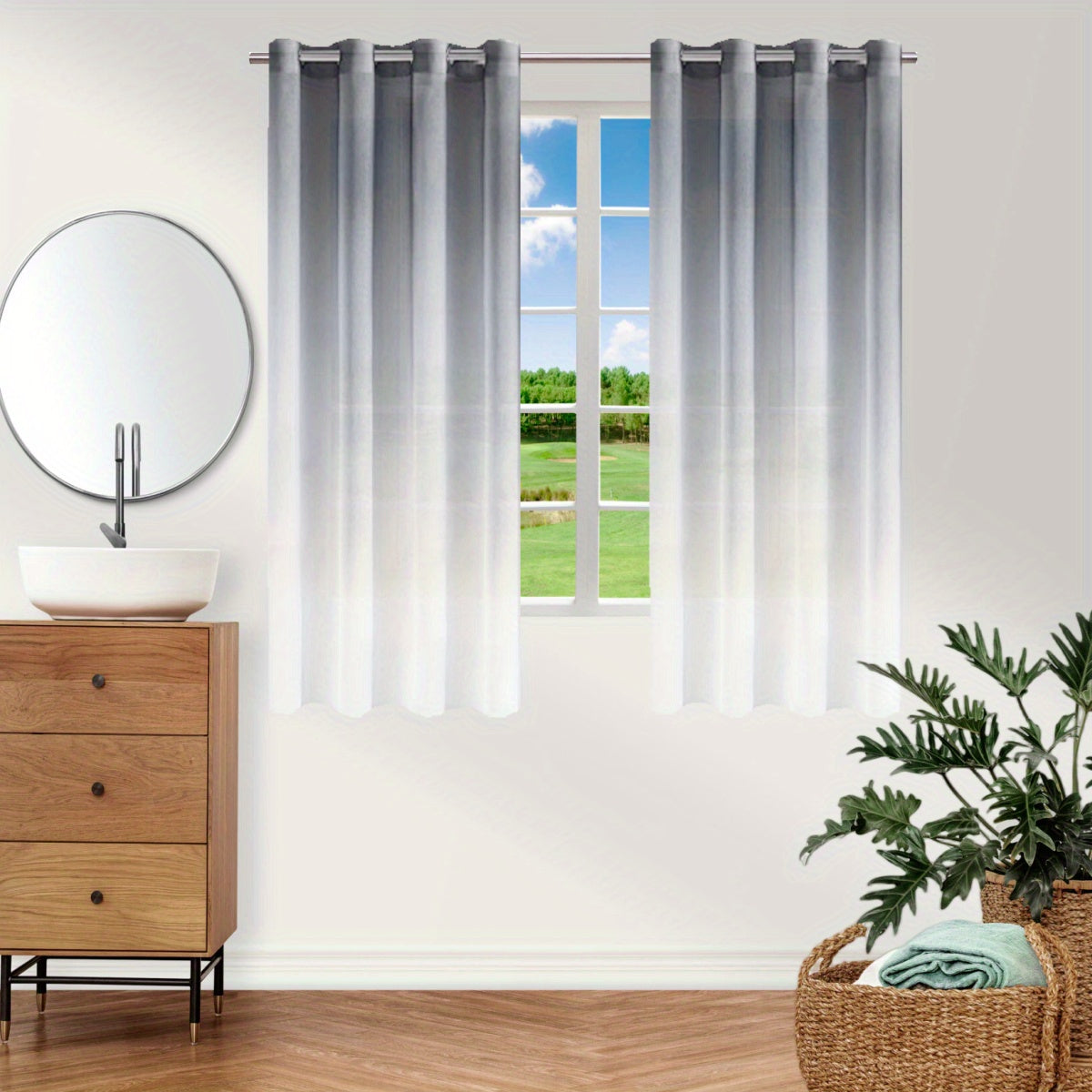 Bohemian Ombre Sheer Curtain Blue to White UV Protective Polyester for Bedroom Living Room