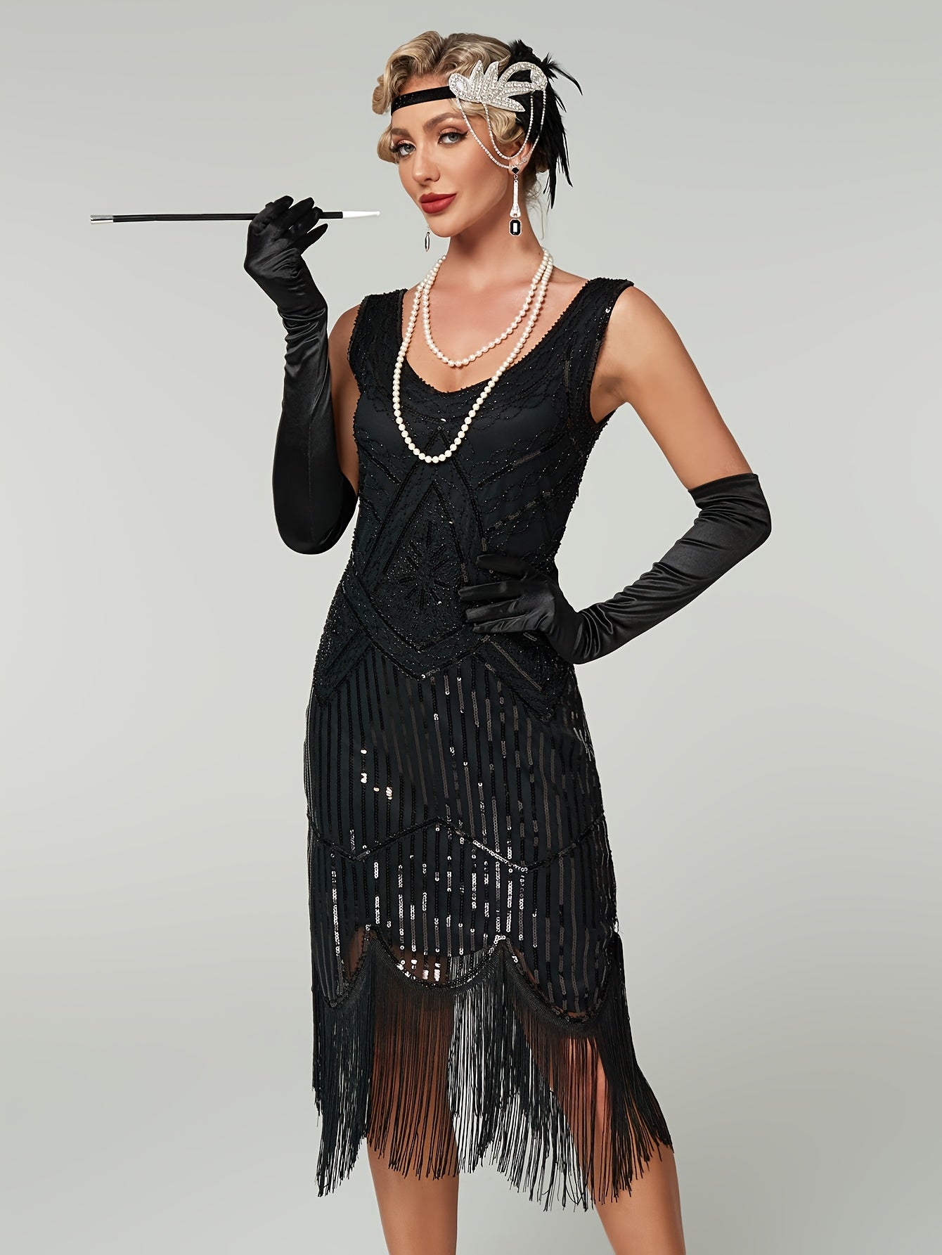 Women's 1920s Art Deco Sequin Fringe Dress Vintage Flapper Evening Gown