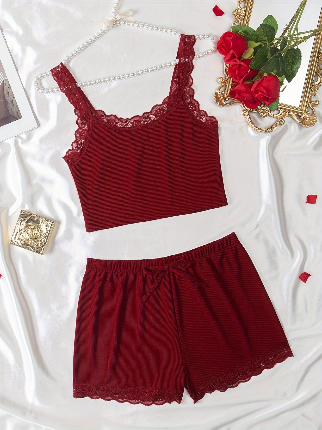 Women's Loungewear Set with Lace Trim Cami Top and Elastic Waist Shorts