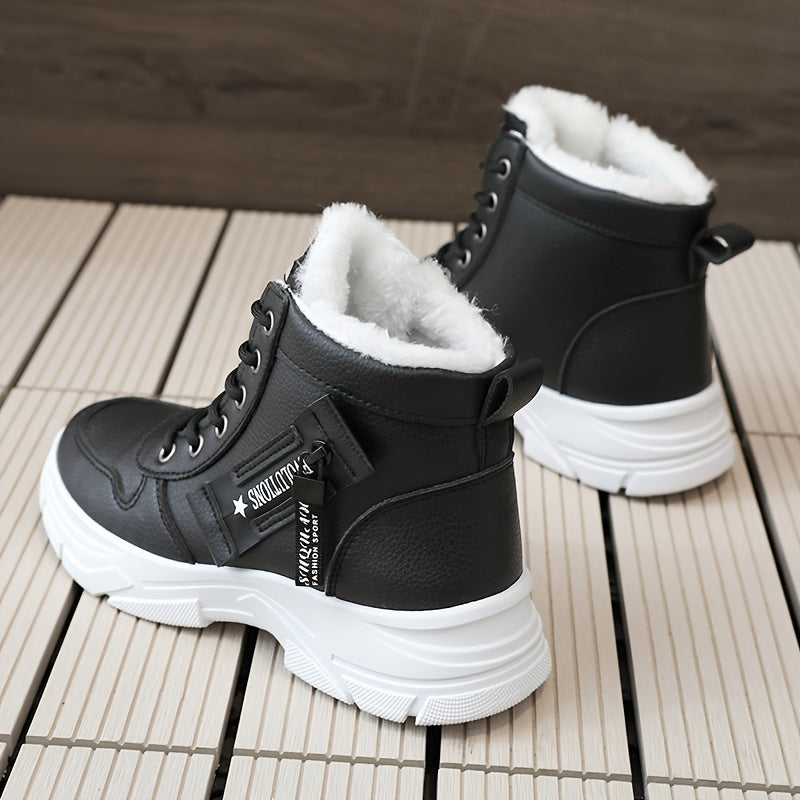 Women's Faux Leather Mid-Top Sneakers with Thick Platform Sole Beige Cold Weather Shoes