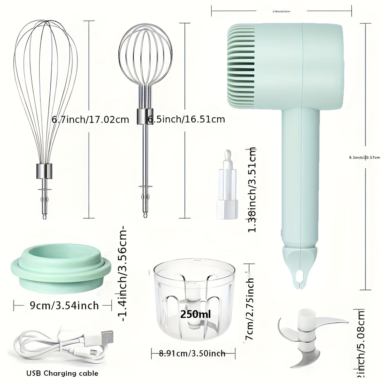 Batidora de mano recargable por USB con 3 velocidades y accesorio batidor para procesamiento de alimentos
