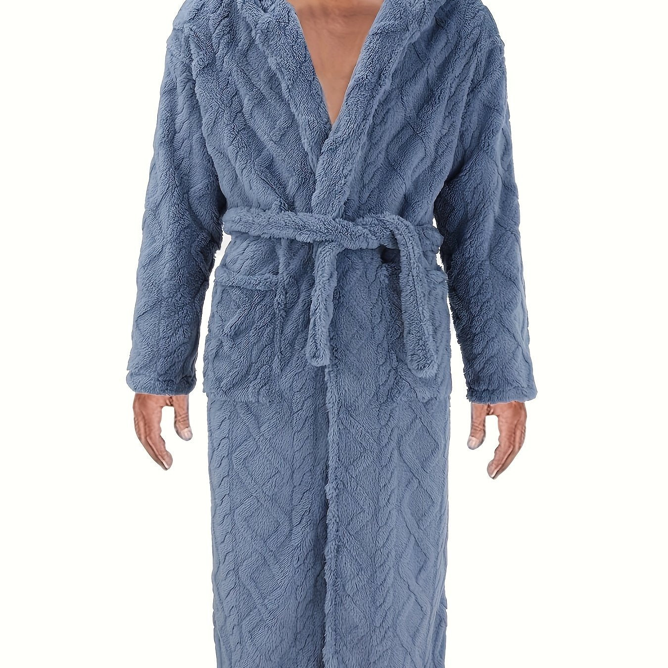 Men's Over-the-Knee Fleece Bathrobe with V-Neck, Blue Quilted Design for Winter