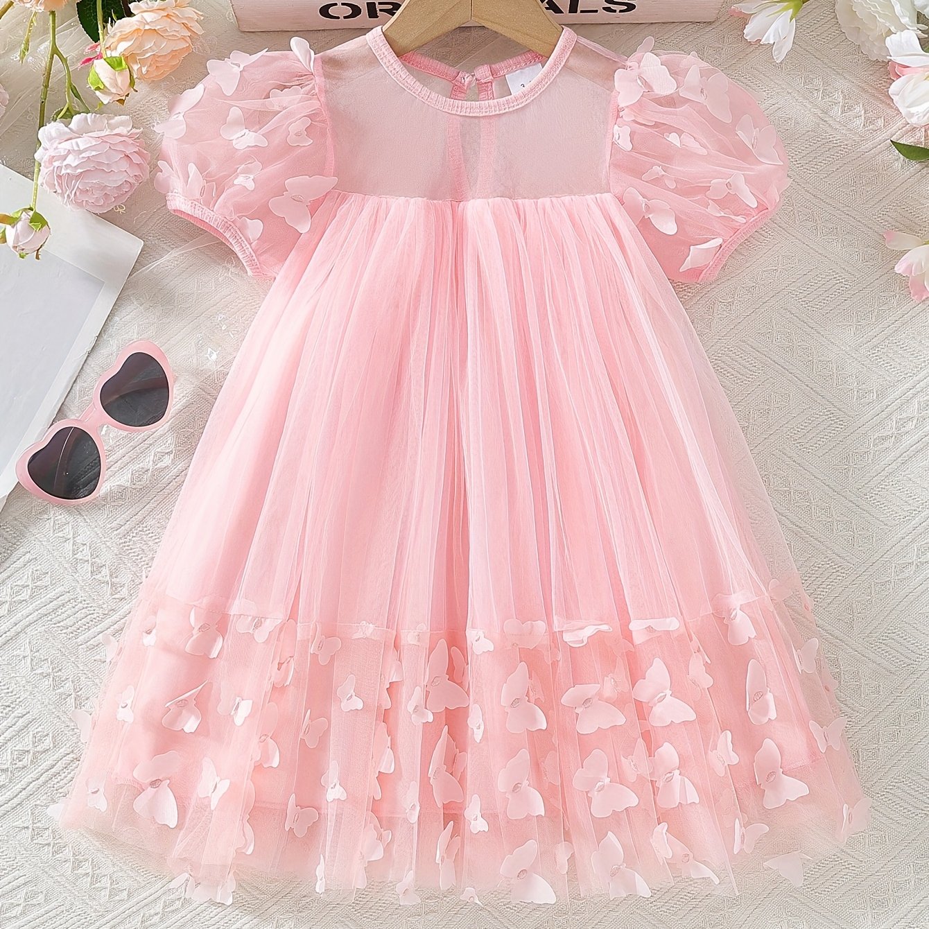 Girls' Spring Summer Princess Dress with 3D Butterfly Detail Short Puff Sleeve Flared Hollow Design