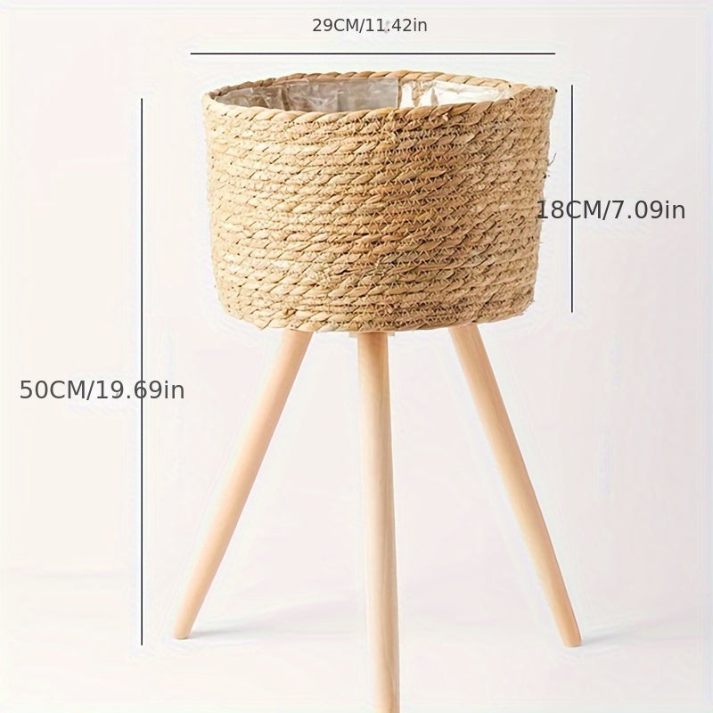 Nordic Style Plant Basket Decor Woven Rattan Flower Pot with Wooden Legs Indoor Balcony Stand 18cm 29cm 50cm