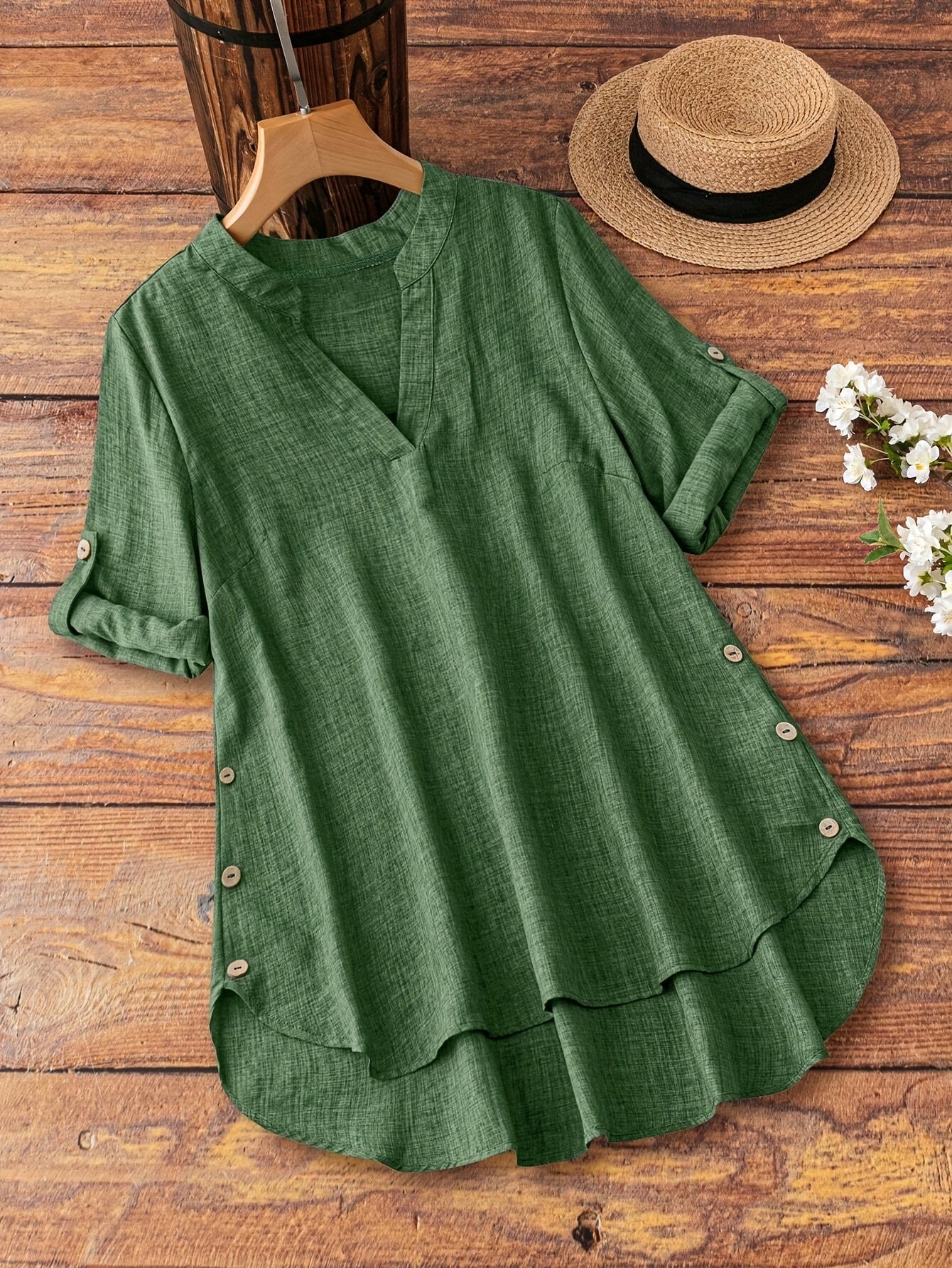 Casual Polyester V-Neck Shirt with Half Sleeves and Asymmetrical Hem