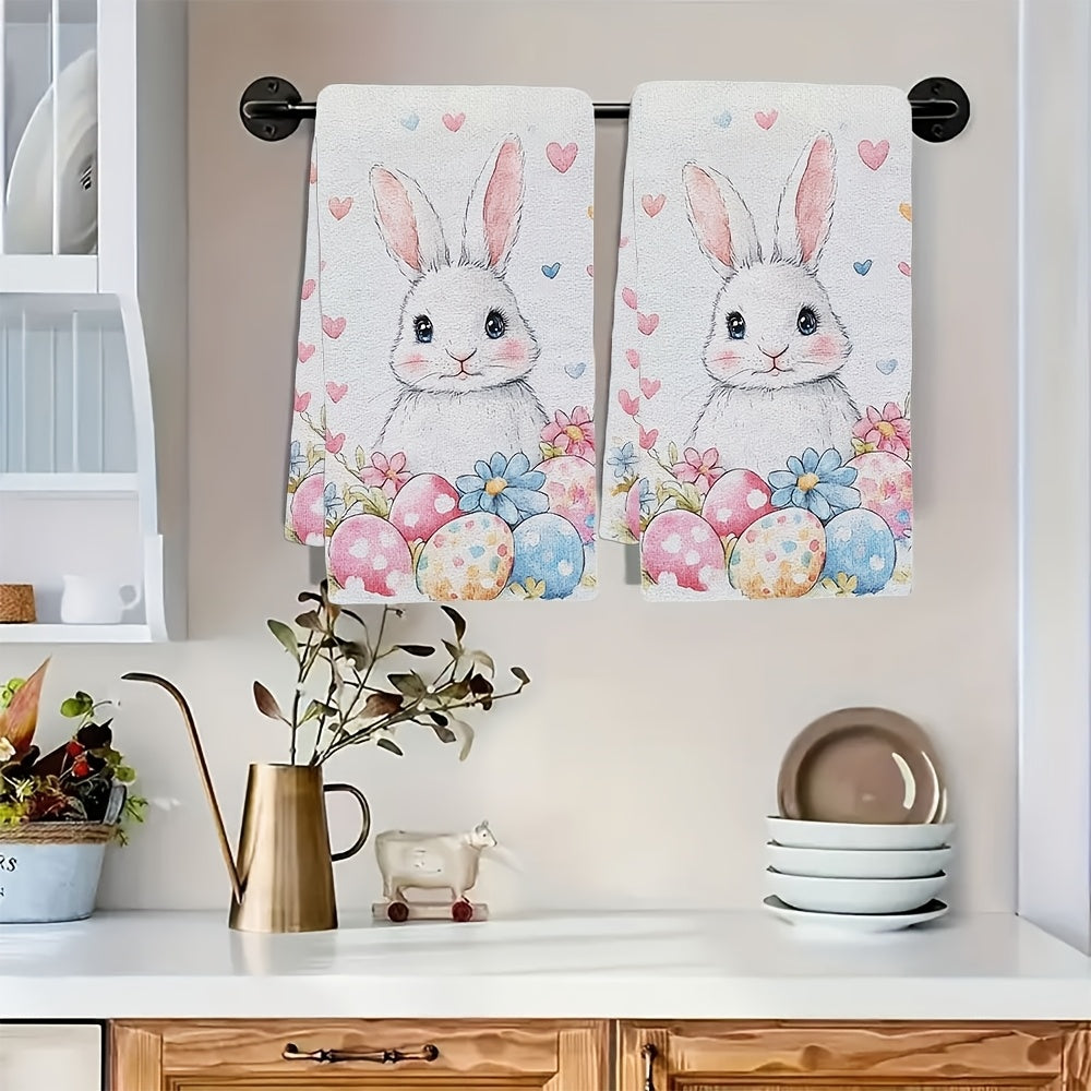 Set of 2 Ultra Soft Kitchen Towels Bunny Eggs Flowers 16x24 Inches