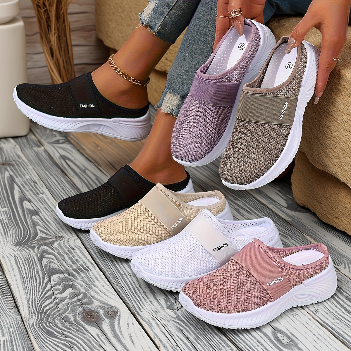 Women's Casual Slip-On Sneakers Breathable Mesh Beige White Summer Shoes