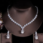 Bridal Jewelry Set with Pearl Pendant Necklace and Earrings Synthetic Cubic Zirconia White