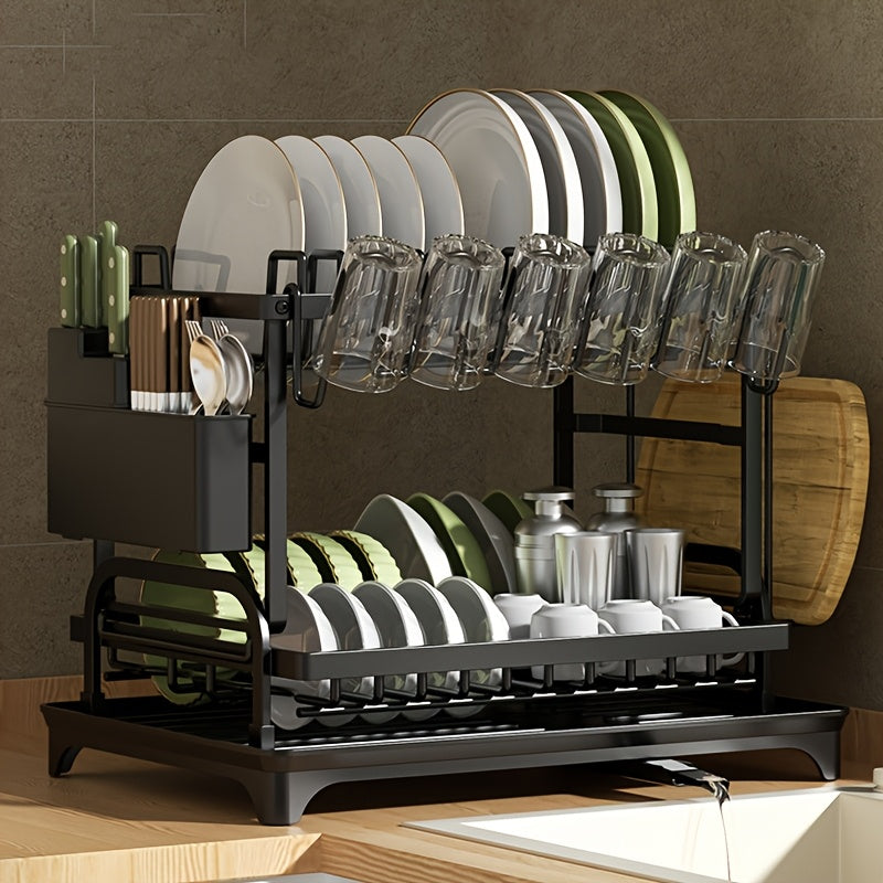 Large Metal 2-Layer Dish Drying Rack with Drain Board and Accessories