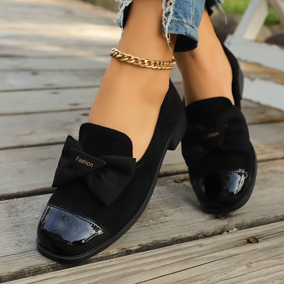 Women's Black Bowknot Loafers Retro British Style Flats Chunky Heel