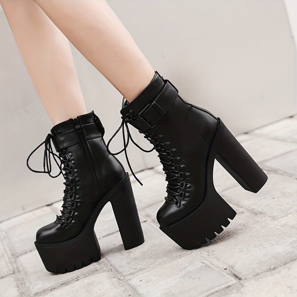 Women's Platform Chunky High Heel Ankle Boots Black Buckle Lace Up Motorcycle Shoes