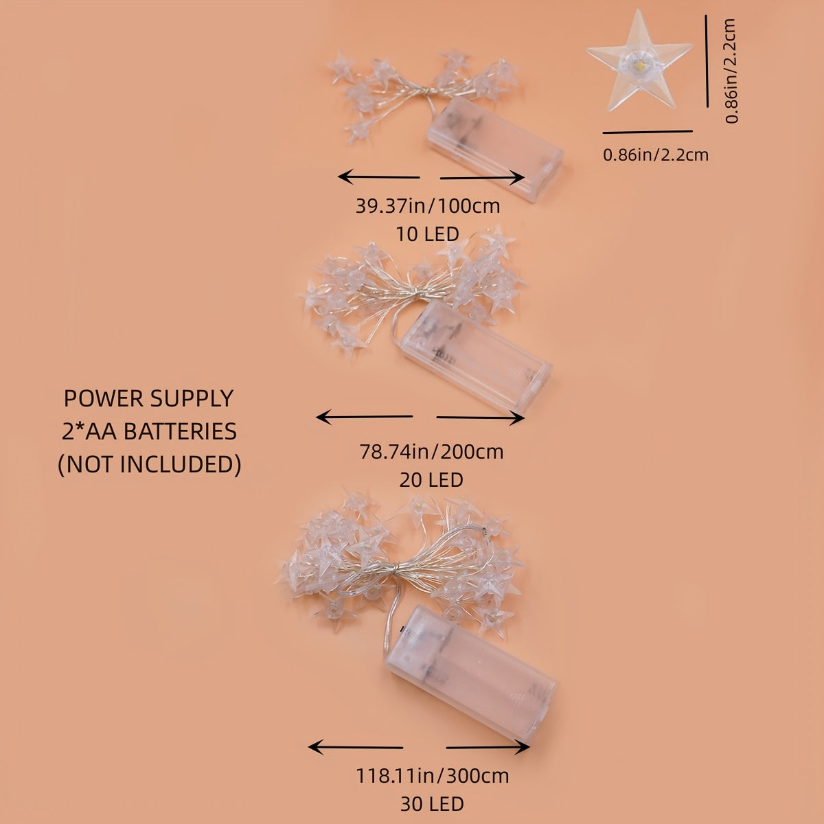 Star-Shaped LED Fairy Lights Copper Wire Battery Operated 1m 2m 3m