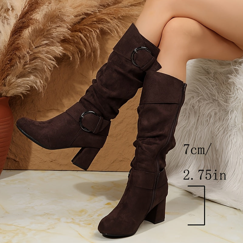 Women's Mid-Calf Leather Ankle Boots Solid Color Versatile Stylish