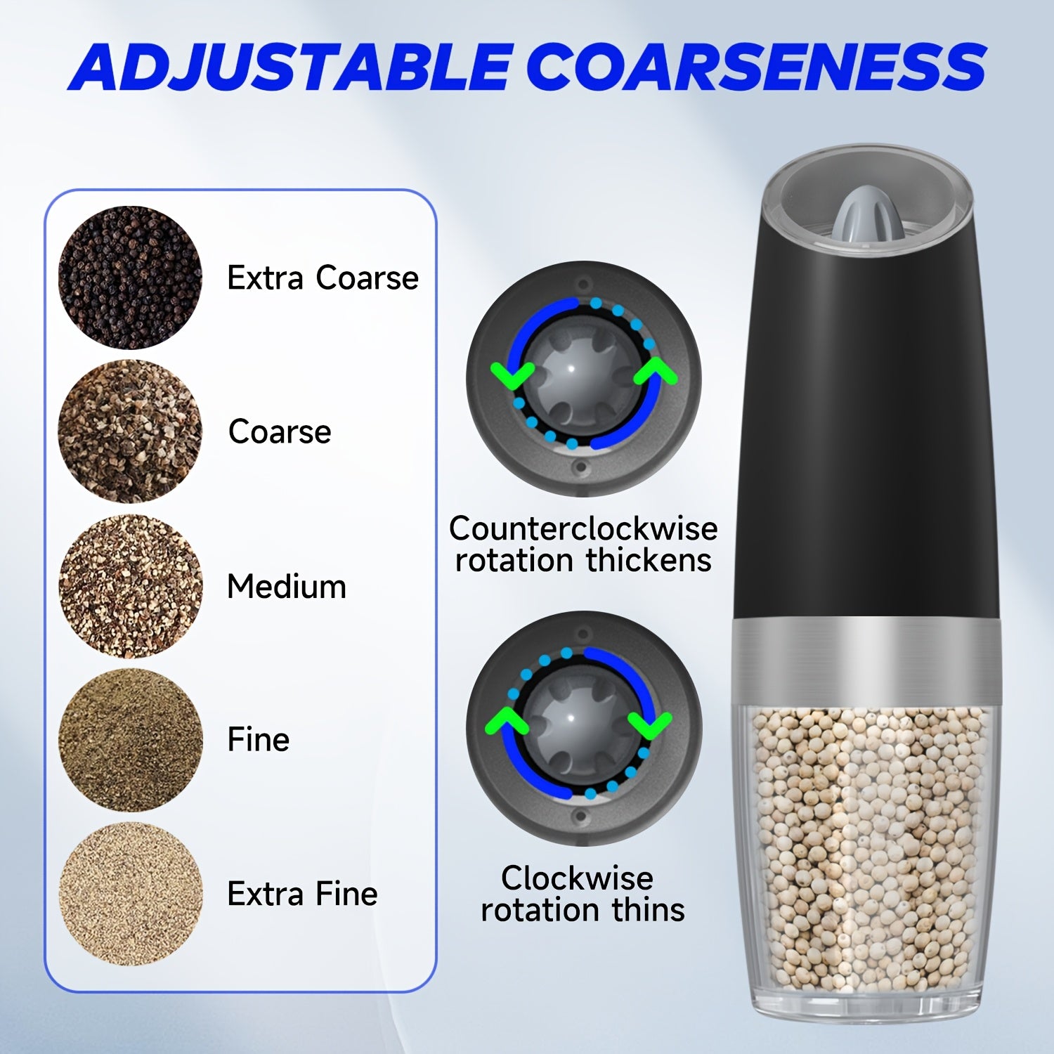 Electric Pepper and Salt Grinder Set with Adjustable Coarseness Battery Operated Stainless Steel with LED Light