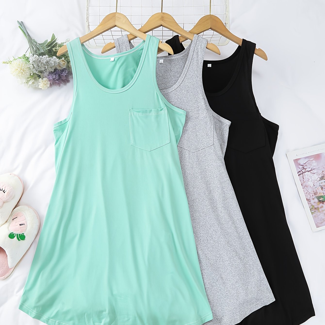 Women's Cotton Solid Color Nightgown Set with Chest Pockets