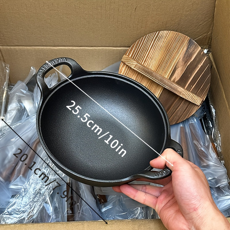 Cast Iron Skillet with Wooden Lid Non-Stick Heat-Resistant Handle for Cooking