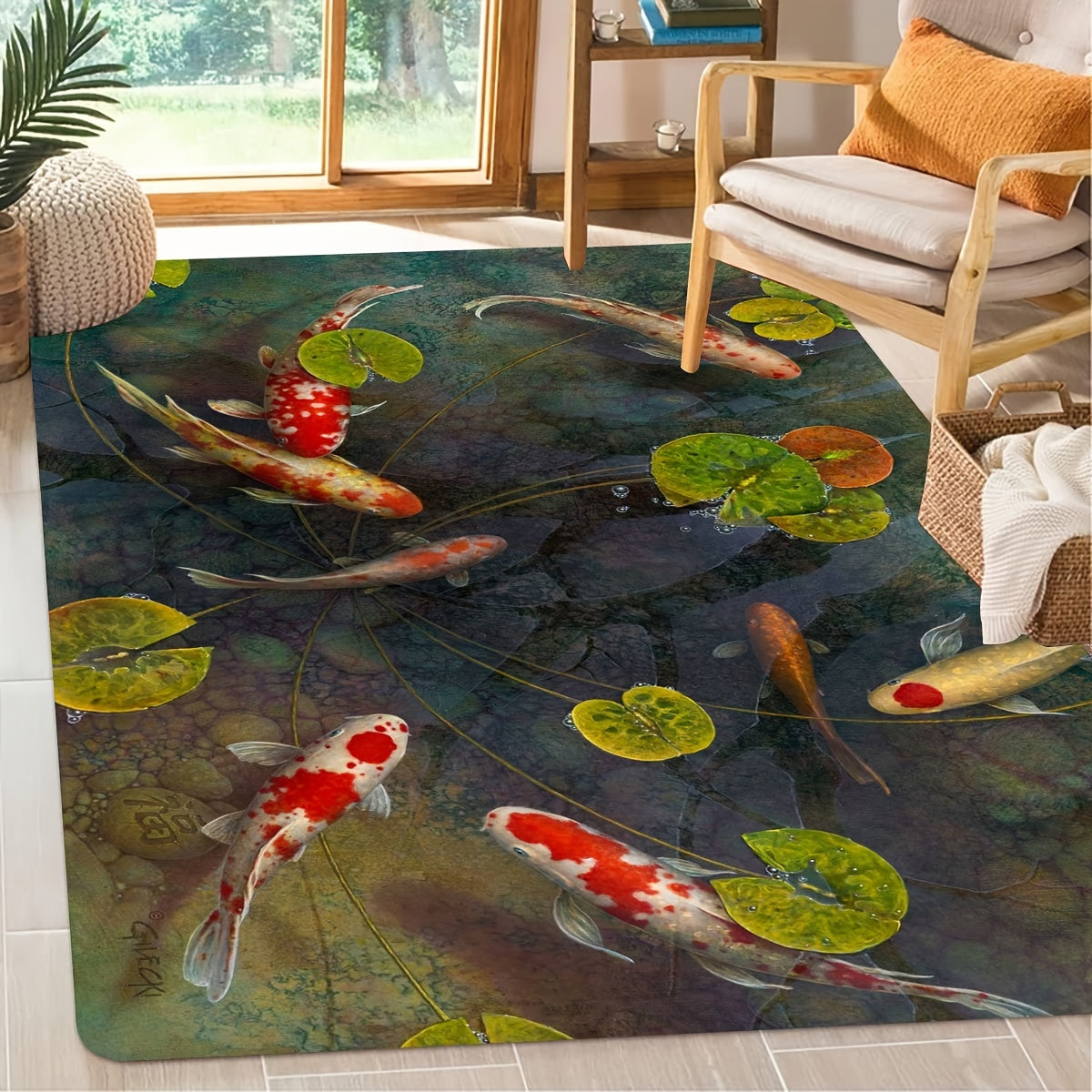 Hand-Painted Koi Fish Rug for Living Room Entrance Decor 3x5 Feet