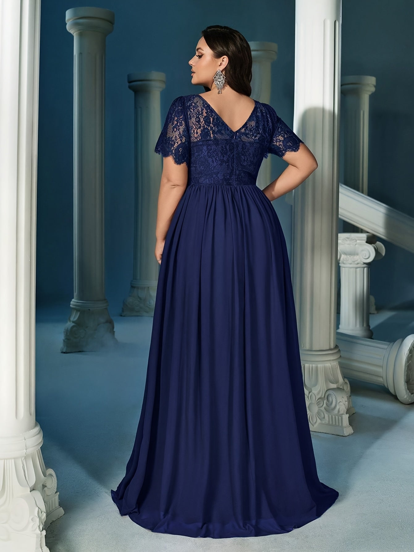 Vestido largo de noche de mujer talla grande con encaje, cintura alta, vestido formal