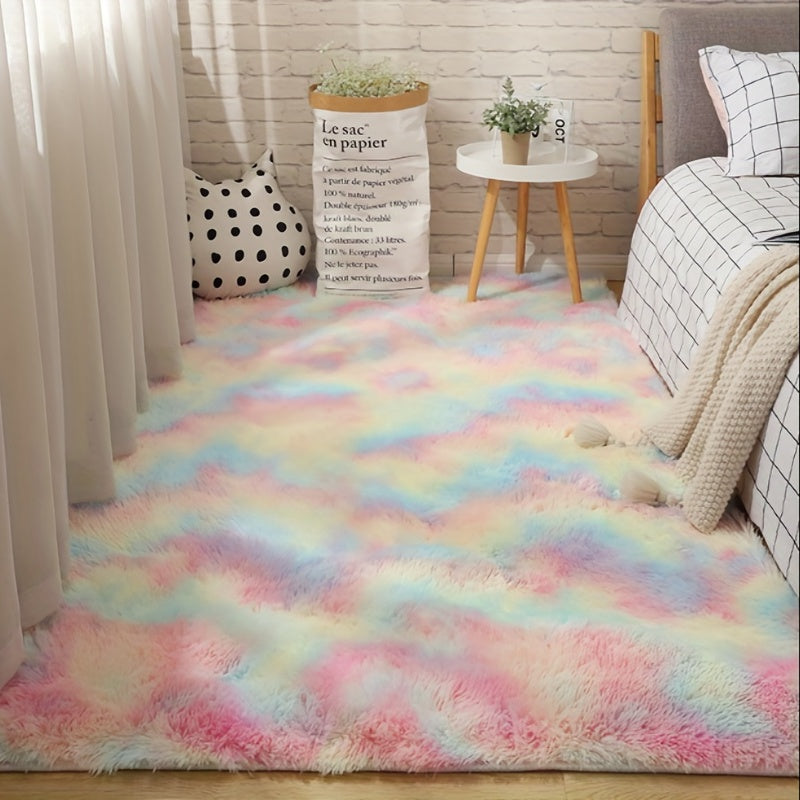 Alfombra de felpa ultra suave con teñido tie-dye para dormitorio o sala de estar, lavable a máquina