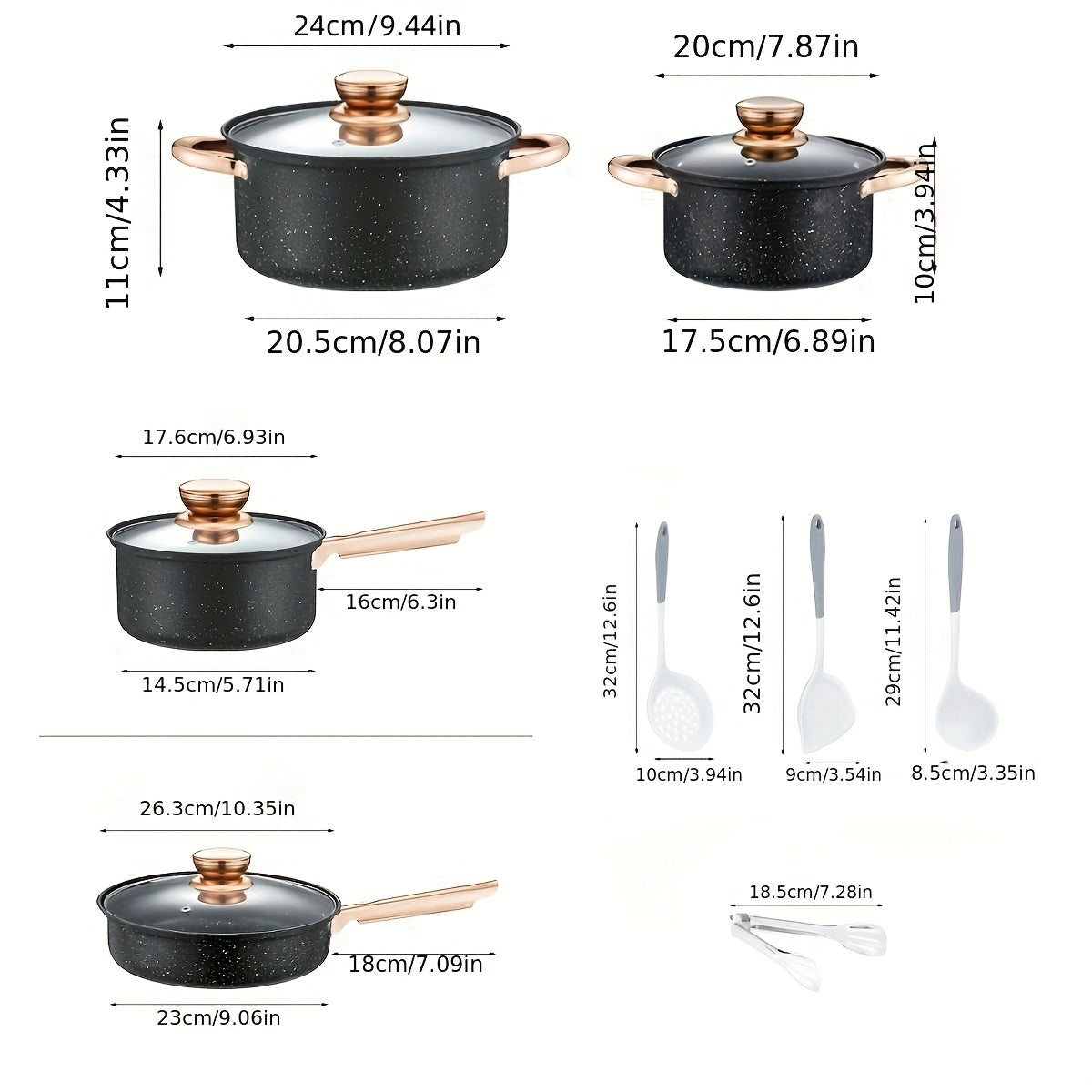 Juego de utensilios de cocina de acero inoxidable de 12 piezas con ollas antiadherentes y mangos dorados