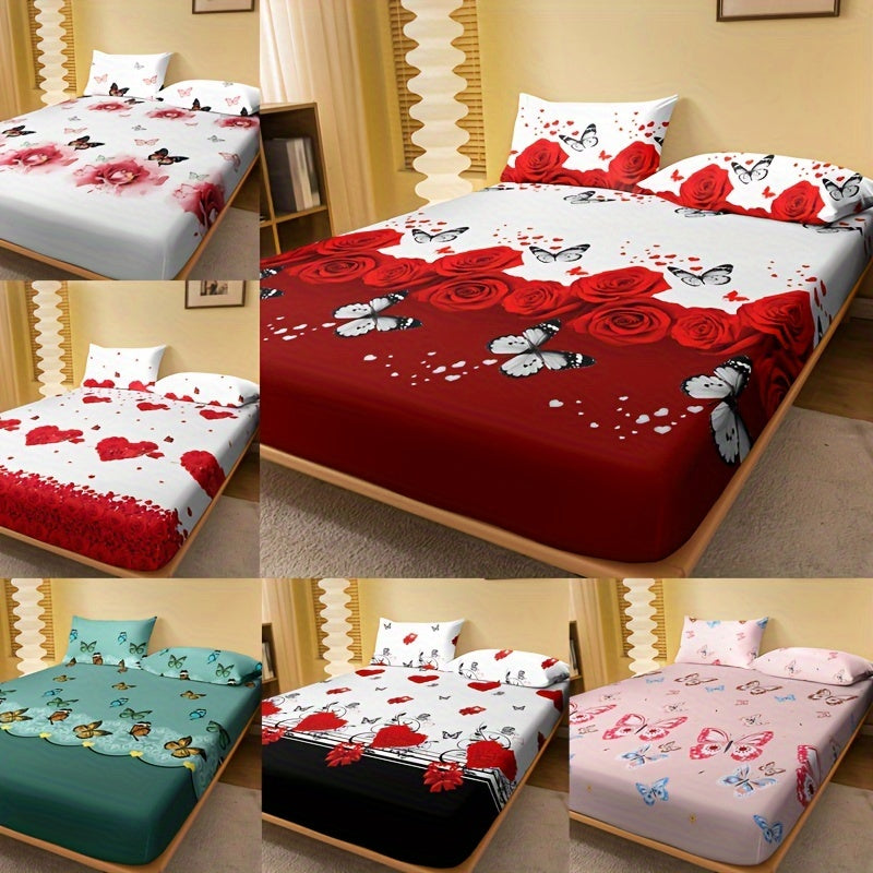 Red Rose Print Fitted Sheet Deep Pocket Mattress Protector Bedding